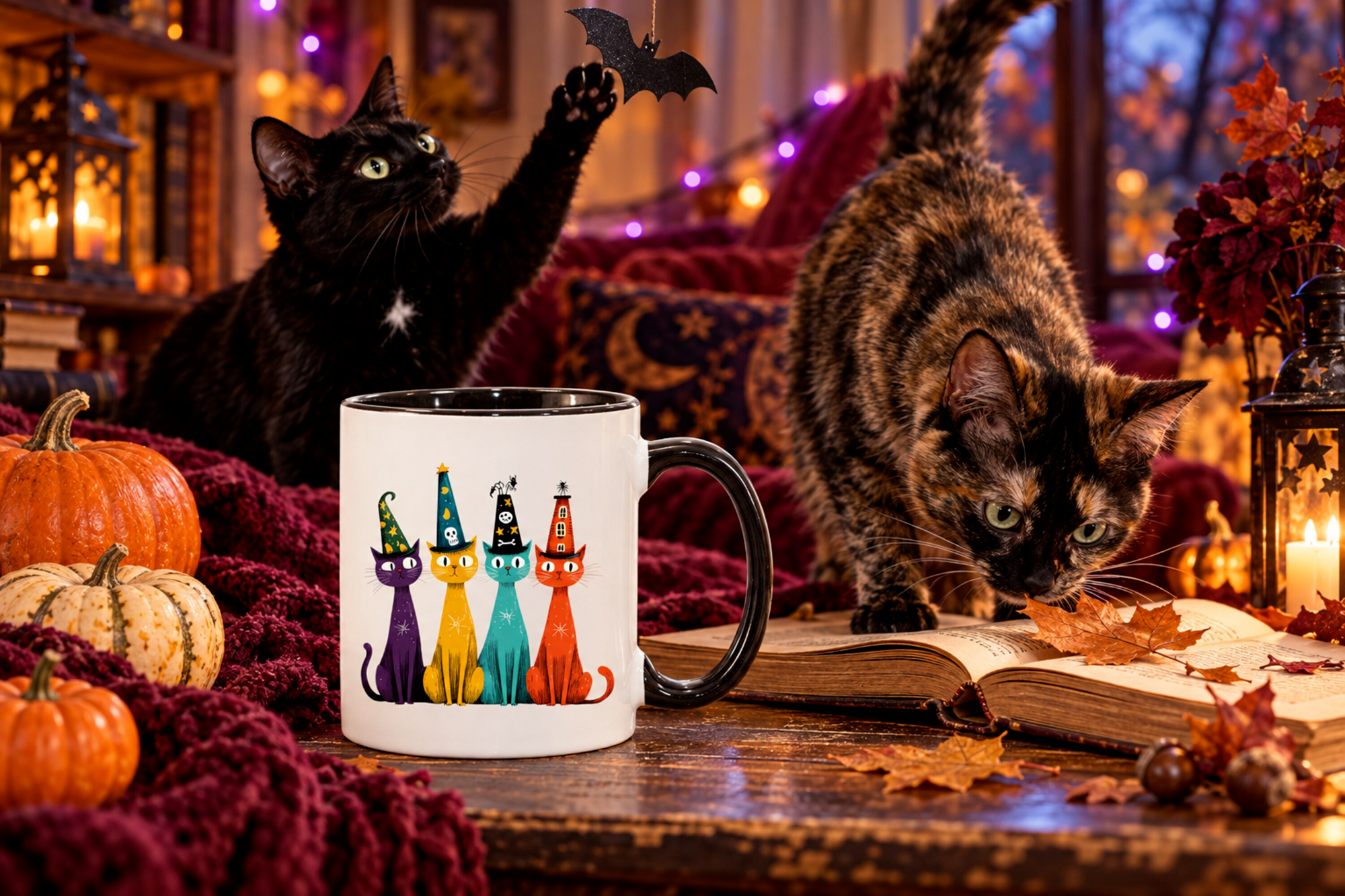 Spooky Cats in Hats Halloween ceramic mug displayed in a seasonal setting