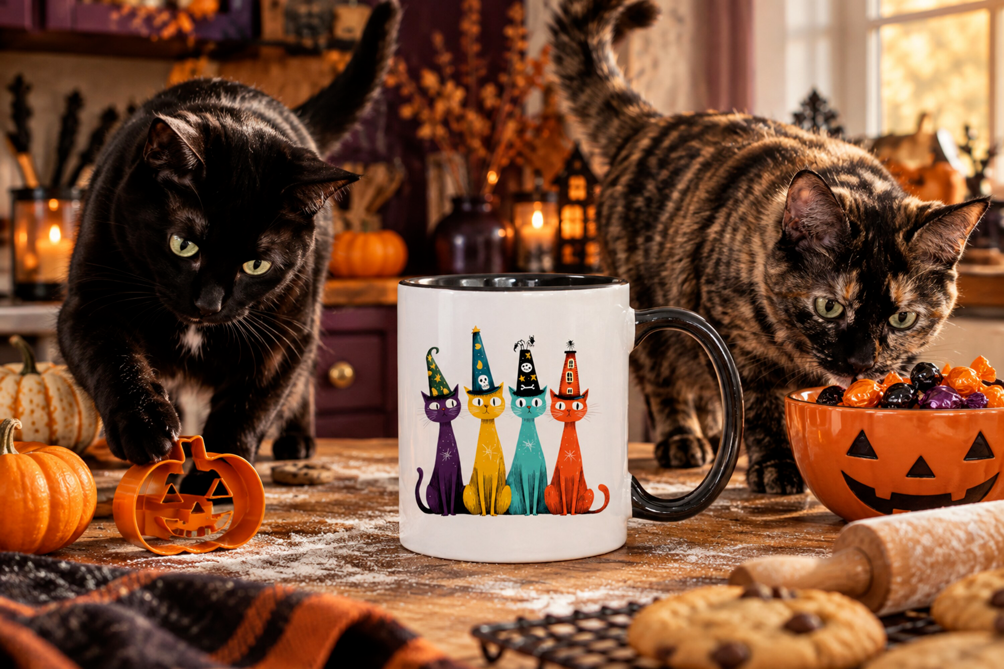 Alternate view of the Spooky Cats in Hats Halloween coffee mug