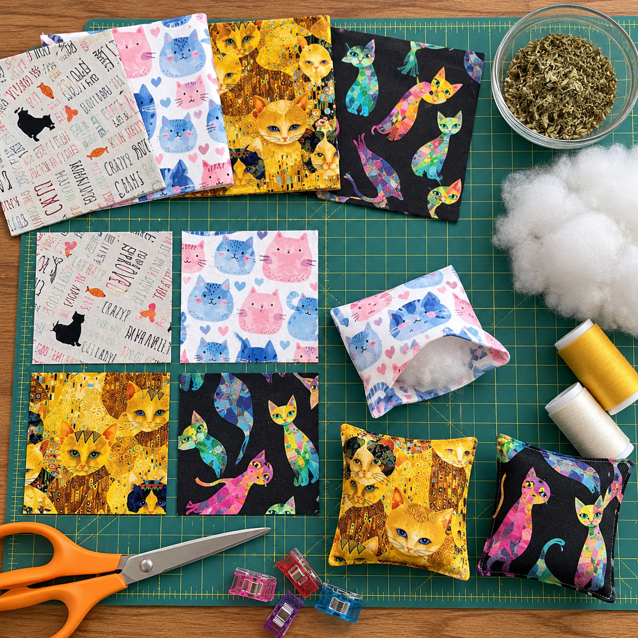 Assorted machine-sewn Catnip Ravioli cat toys in cat-centric prints