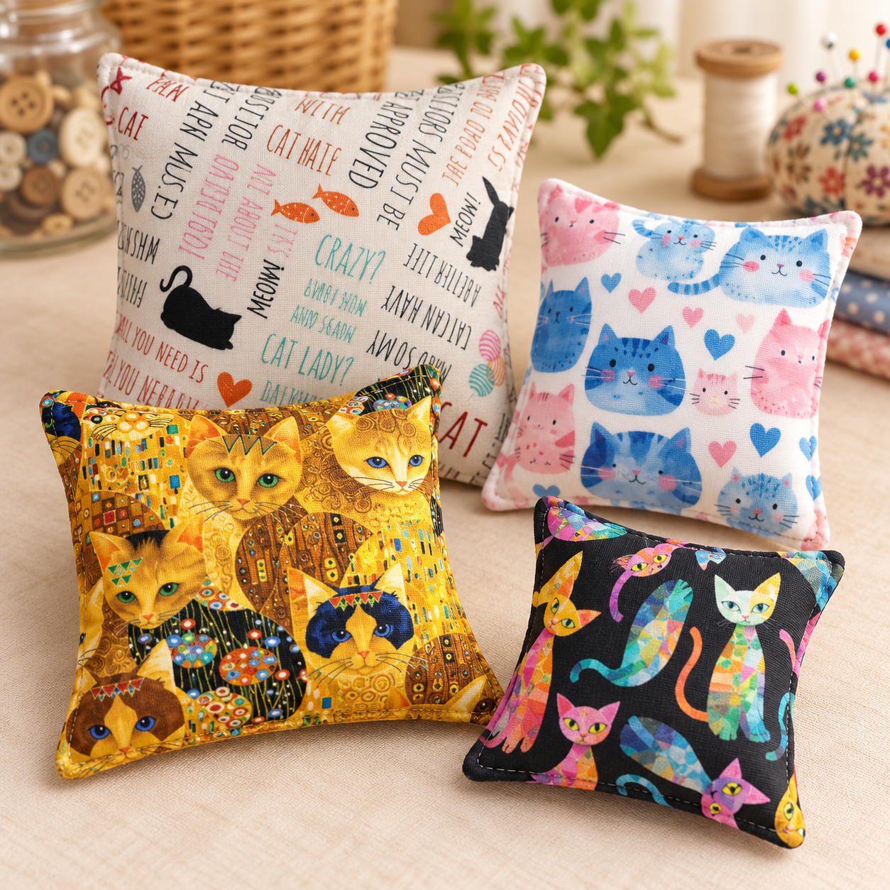Finished Catnip Ravioli toys sewn from colorful cat-themed fabric