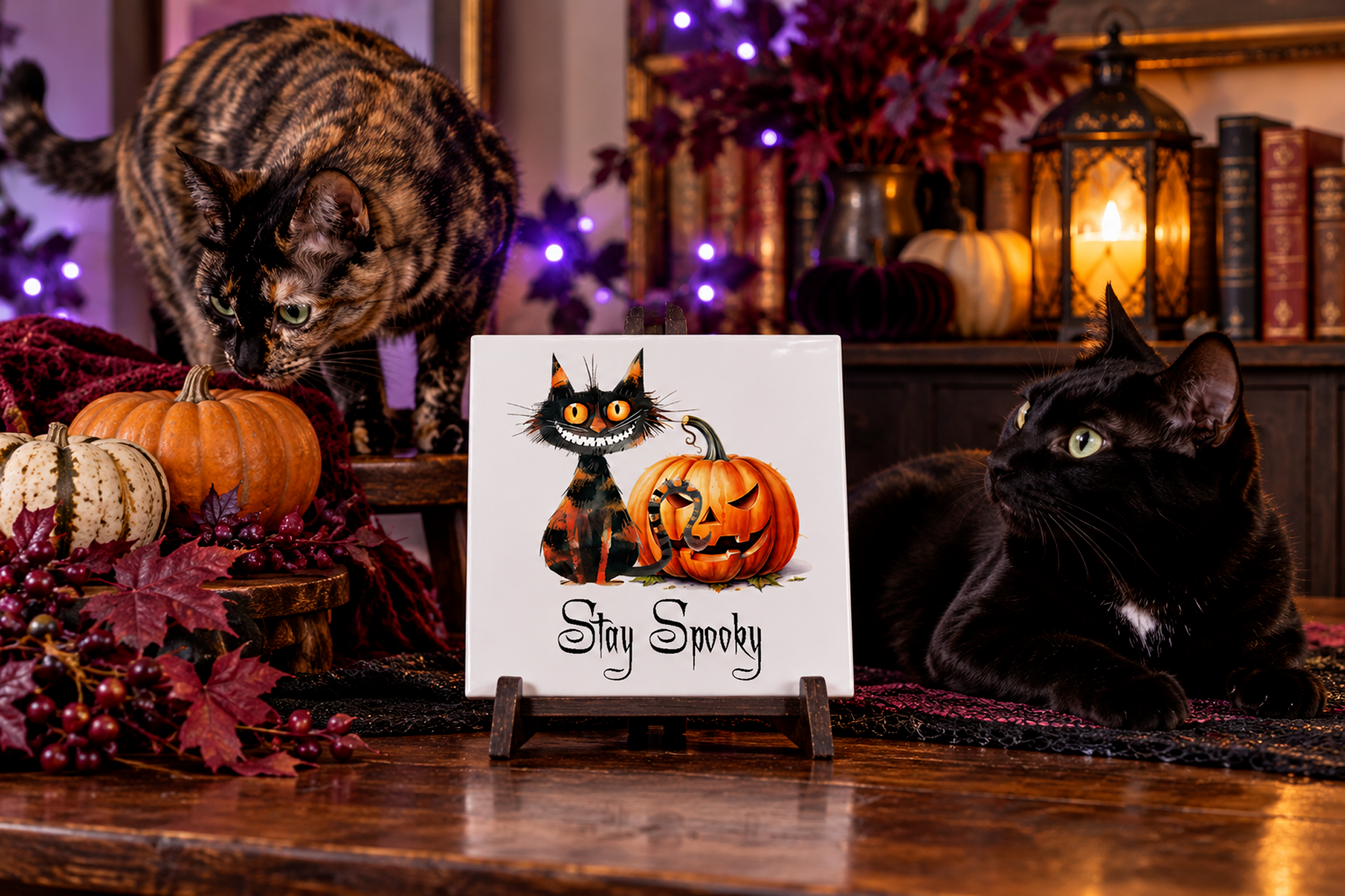 Stay Spooky Halloween cat decorative tile displayed in a seasonal setting