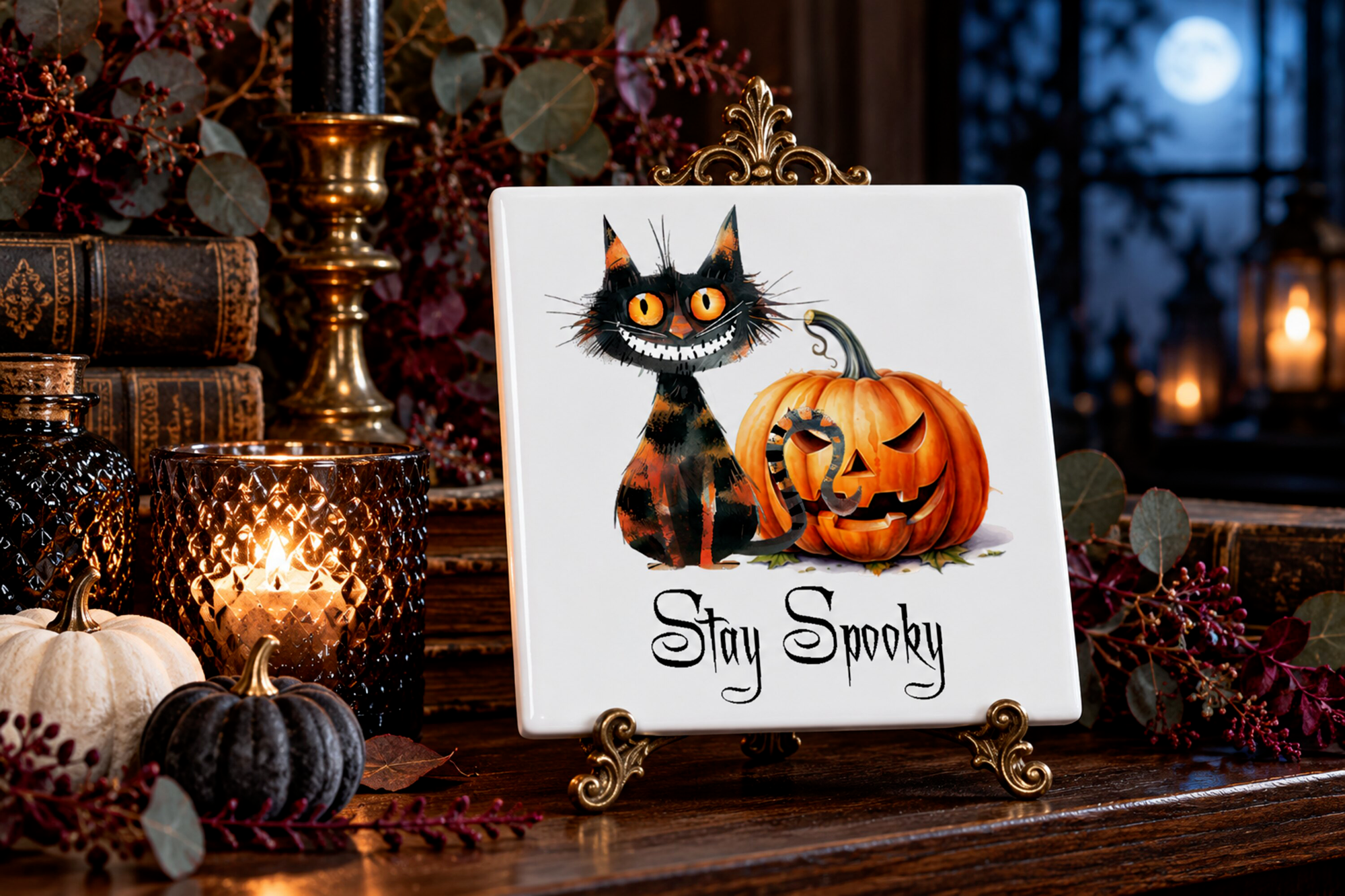 Alternate view of the Stay Spooky Halloween cat decorative tile