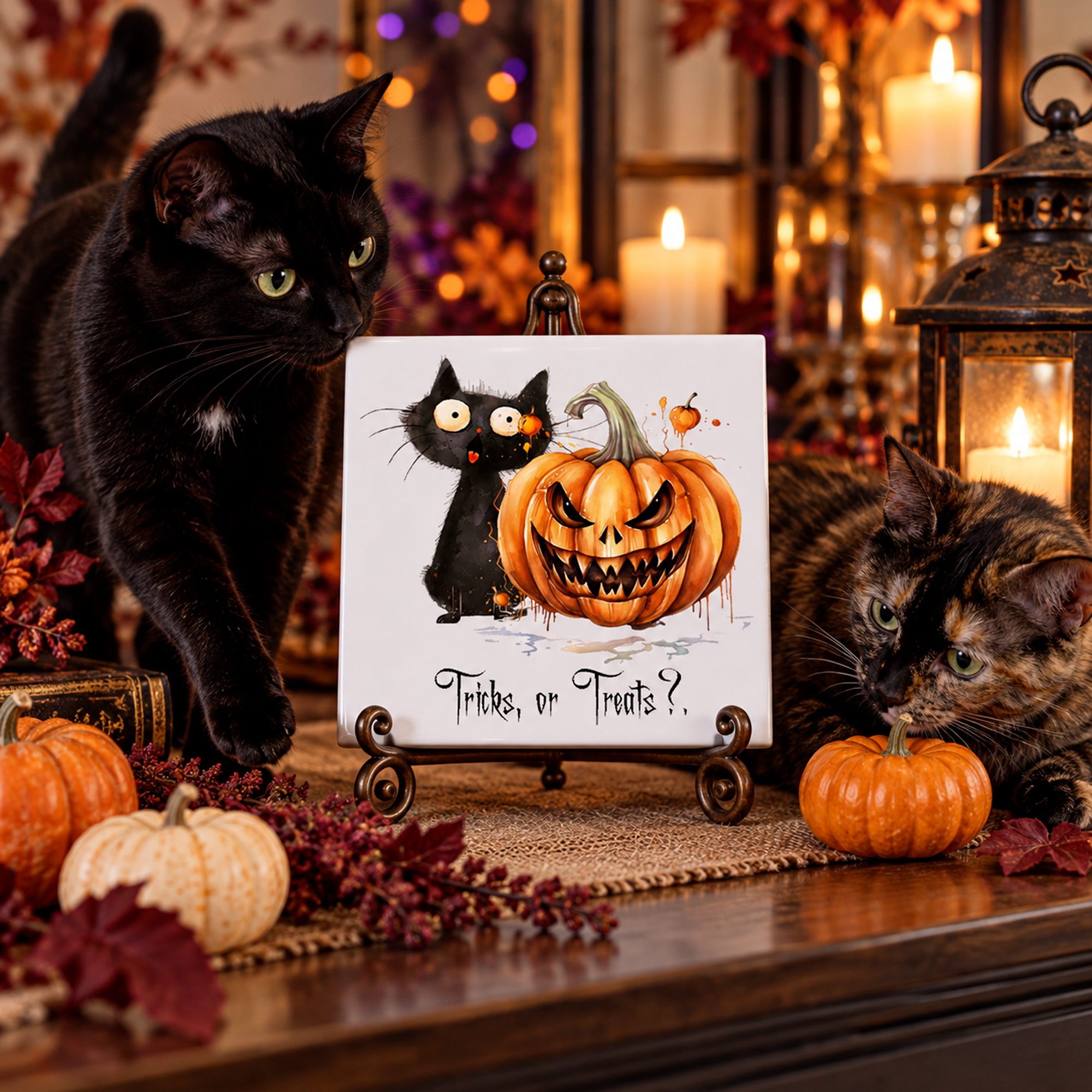 Tricks or Treats Halloween cat decorative tile displayed in a seasonal setting