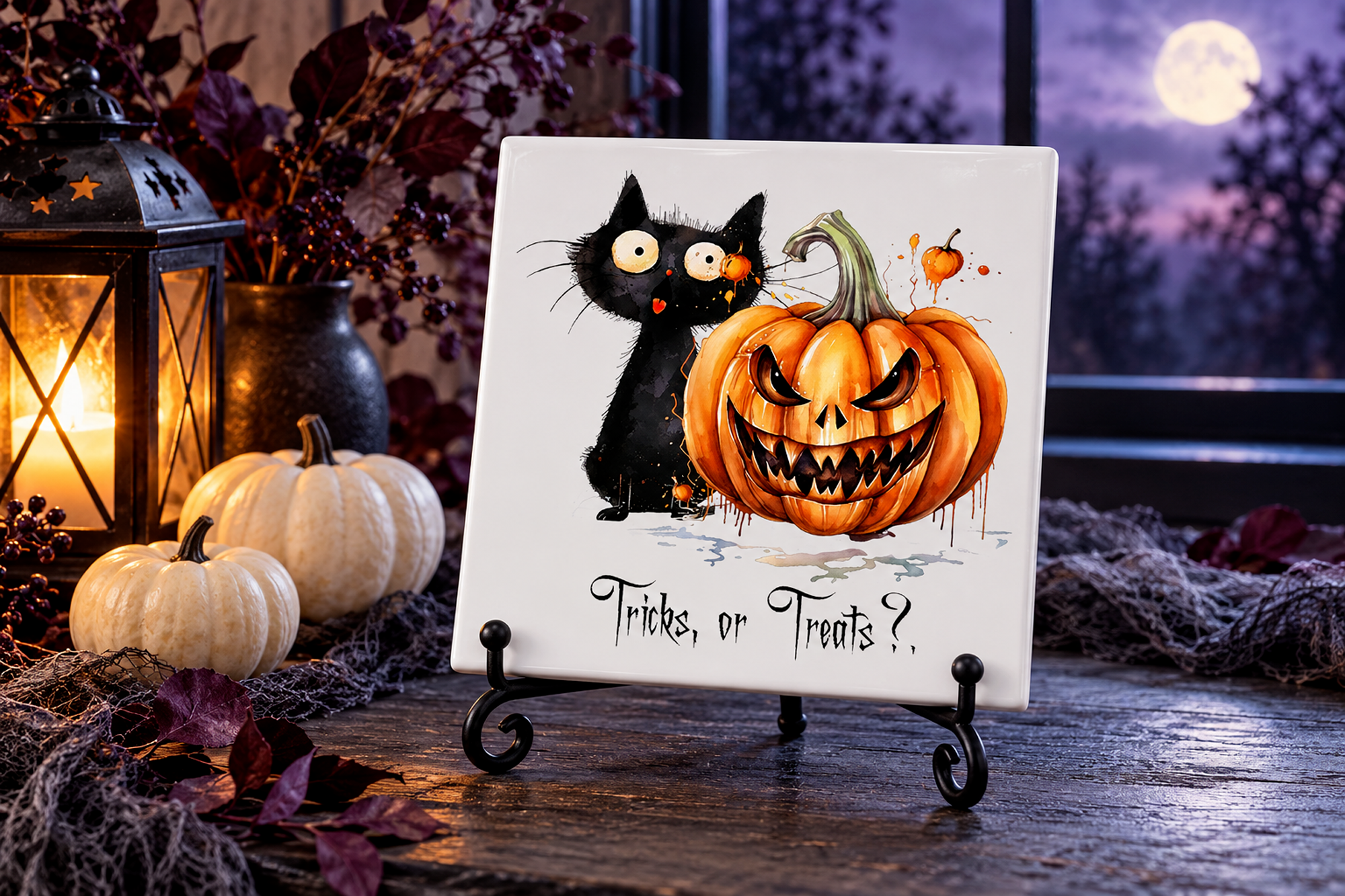 Alternate view of the Tricks or Treats Halloween cat decorative tile