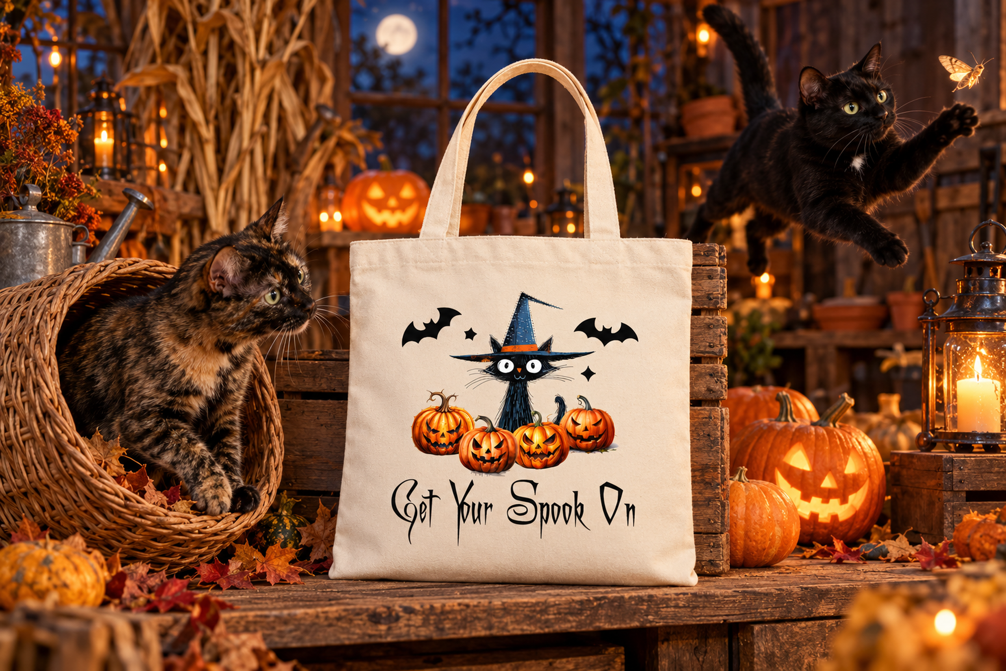 Alternate view of the Get Your Spook On Halloween cat tote bag