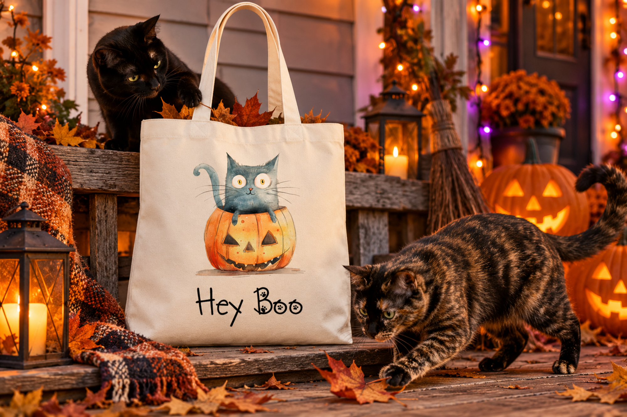 Alternate view of the Hey Boo Halloween cat tote bag