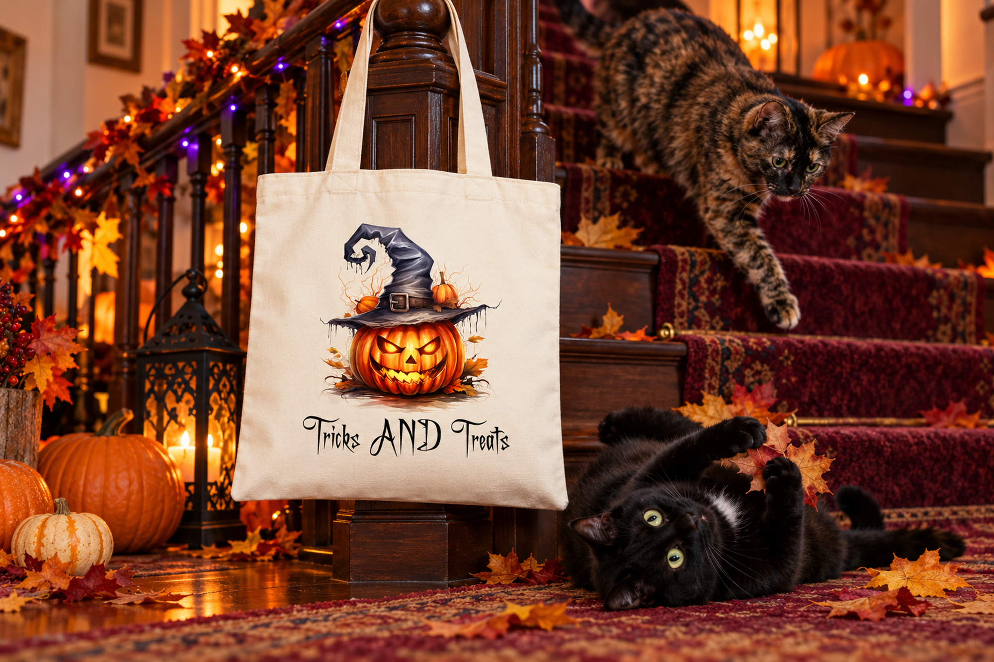 Alternate view of the Tricks and Treats Halloween cat tote bag